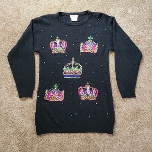 Vintage Crown Embellished Black Sweater by Sacha